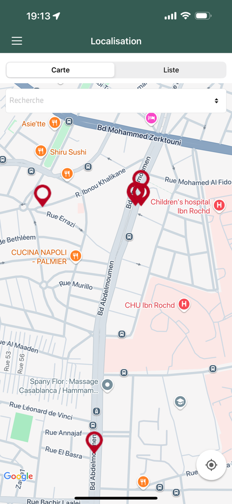 Vue cartographique montrant les emplacements des agences Saham Bank à Casablanca, Maroc