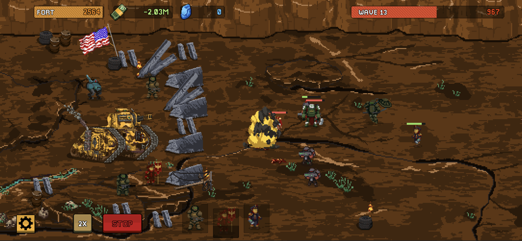 Fortress: Stickman Trenches - Jugabilidad pixel art que muestra un tanque de camuflaje y soldados en una escena de combate en un campo de batalla desértico.