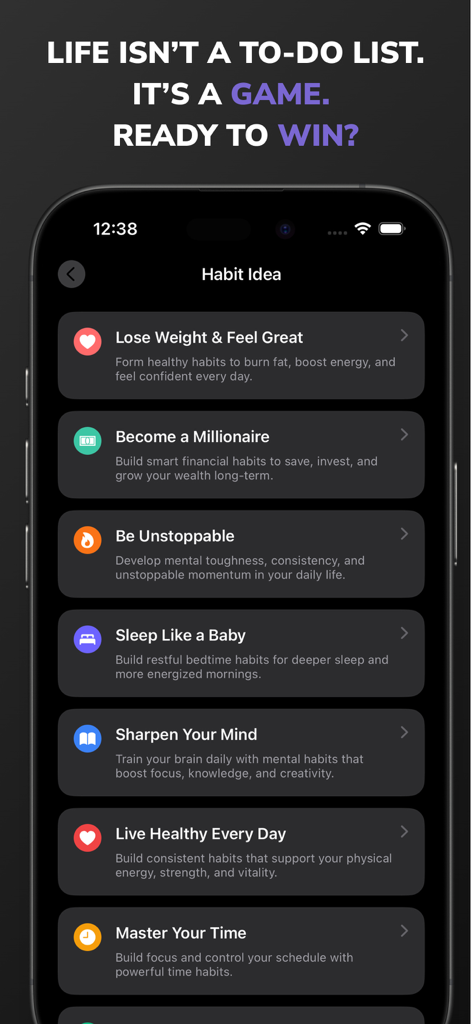 Habit Tracker - Mindle - Mindle Habit Tracker App-Oberfläche, die verschiedene Gewohnheitskategorien für persönliches Wachstum und zur Verbesserung des Lebensstils zeigt