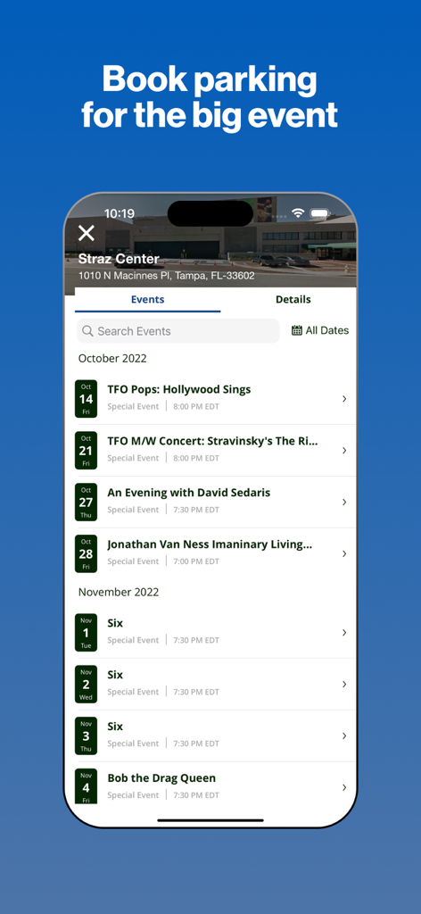 Interface of the 717 Parking app showing event parking booking at Straz Center in Tampa Florida
