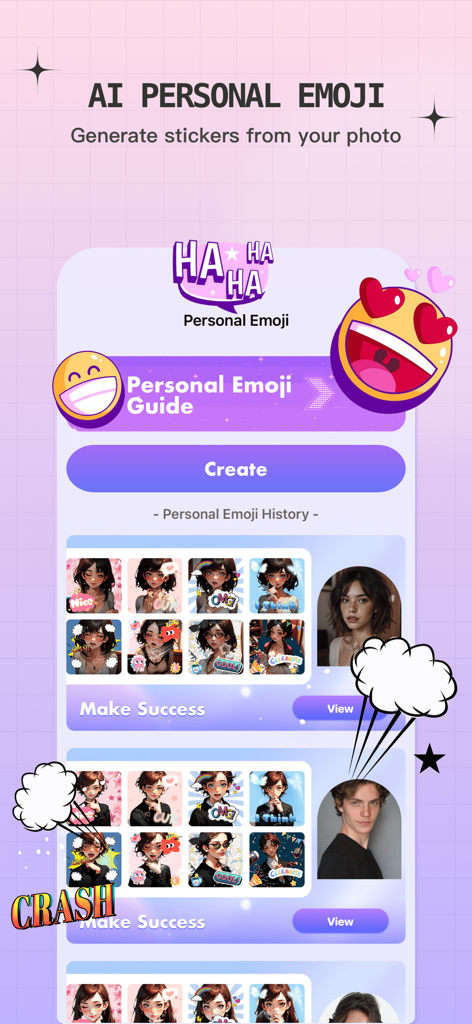 Interface do aplicativo Happy Stickers mostrando a geração de emojis pessoais com IA a partir de fotos do usuário