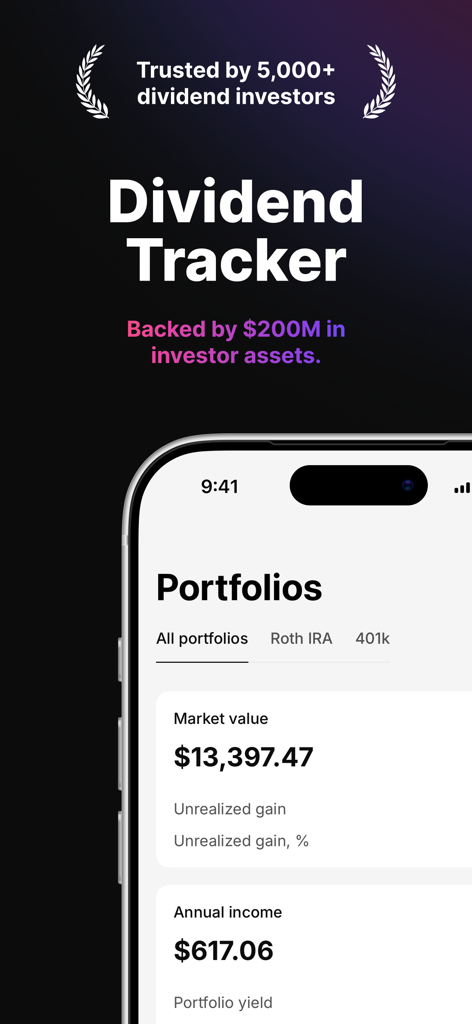 Dividend Tracker - Plainzer - Interface of the Plainzer Dividend Tracker app showing portfolio market value and annual dividend income.