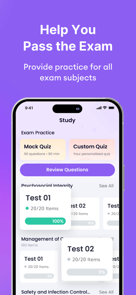 NCLEX® Exam Prep 2026 - A mobile interface for NCLEX exam preparation showing mock quizzes and practice tests for nursing subjects like psychosocial integrity and management of care.
