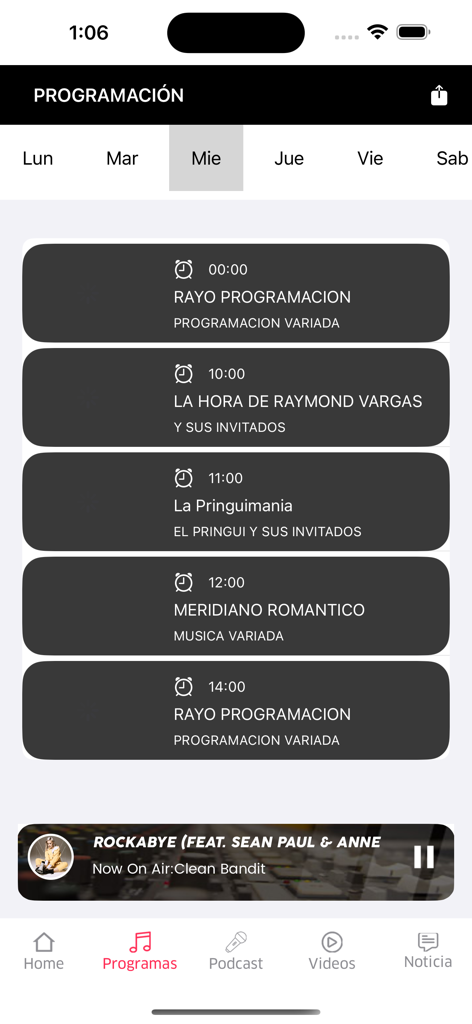 Rayo 96.5 Fm - Programming schedule screen of the Rayo 96.5 Fm app listing daily Latin radio shows and personalities.
