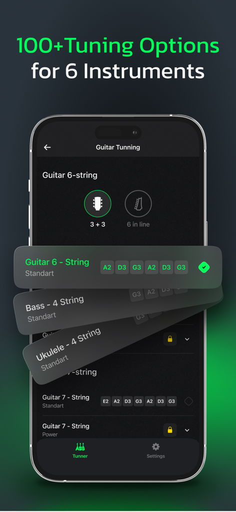 Guitar Tuner - Stringo - Interface de l'application Stringo montrant les options d'accordage pour guitare, basse et ukulélé avec plus de 100 préréglages.