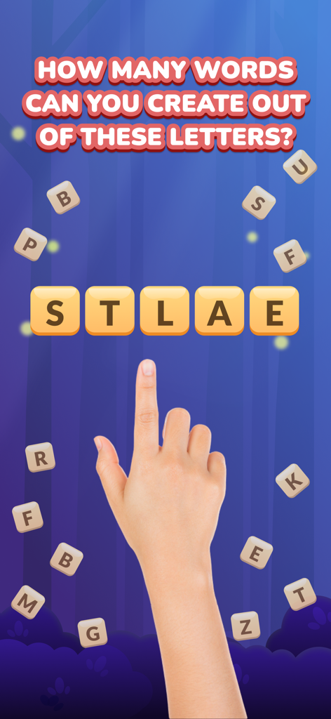 Word Roll gameplay showing letter tiles and a hand pointing to create words.