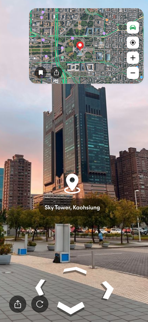 Live Earth Camera Street View - Mobile app interface showing a 360-degree street view of Sky Tower Kaohsiung with navigation arrows and a satellite map overlay