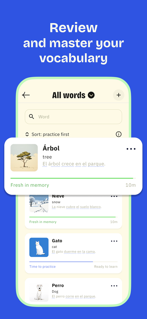 Karteto: Vocabulary Flashcards - Karteto app interface showing a list of Spanish word flashcards with images and retention status indicators