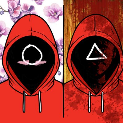 a person with a hoodie and no face, the drawing is split in 2