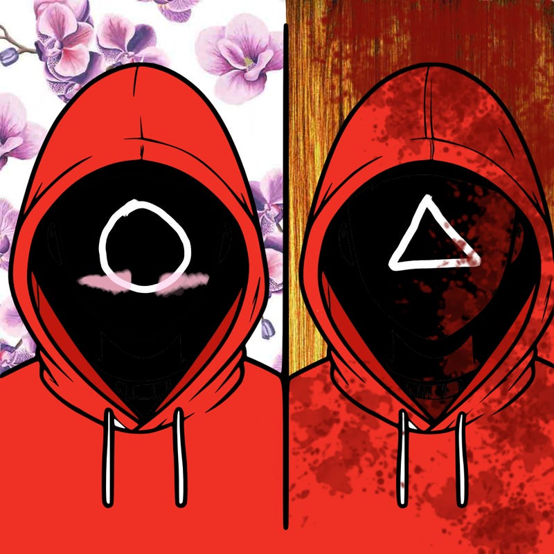 a person with a hoodie and no face, the drawing is split in 2