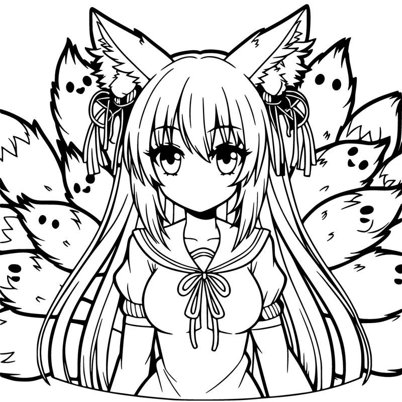 anime girl with fox ears and nine fox tails
