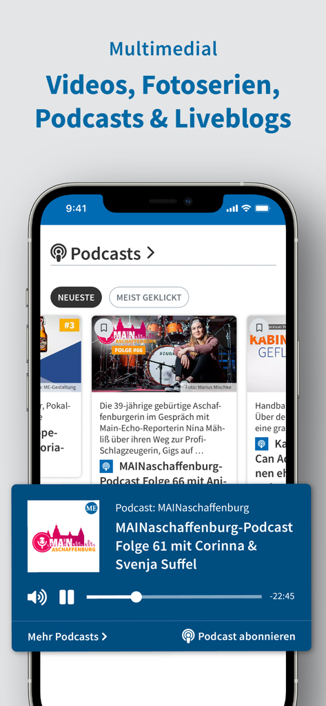 Main-Echo - Pantalla de la aplicación móvil Main-Echo que muestra pódcasts de noticias locales y funciones multimedia.