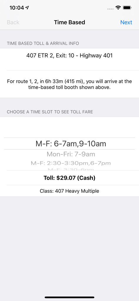 Mobiler App-Bildschirm zeigt zeitbasierte Mautberechnungen und Tarifzeitfenster für schwere Lkw