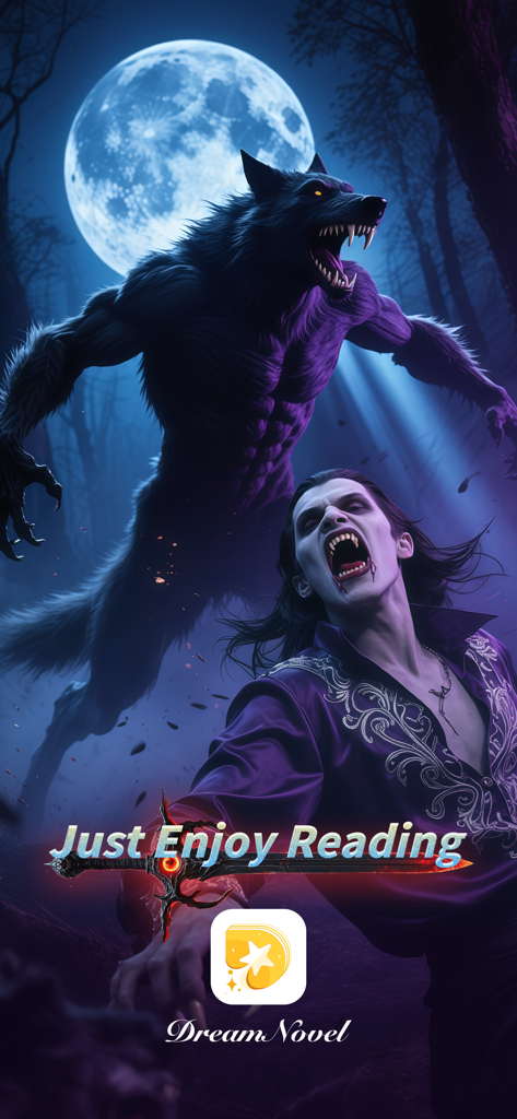 DreamNovel - Stories & Novels - DreamNovel app screen displaying werewolf and vampire supernatural fiction illustrations under a full moon
