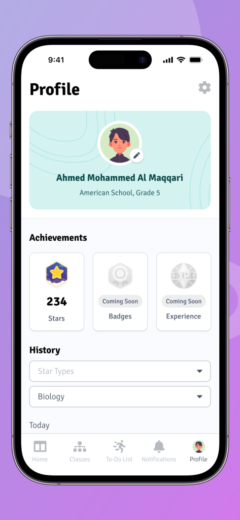 Alef Student - Tela de perfil do aplicativo Alef Student mostrando as conquistas e a contagem de estrelas de um aluno para acompanhamento de progresso.