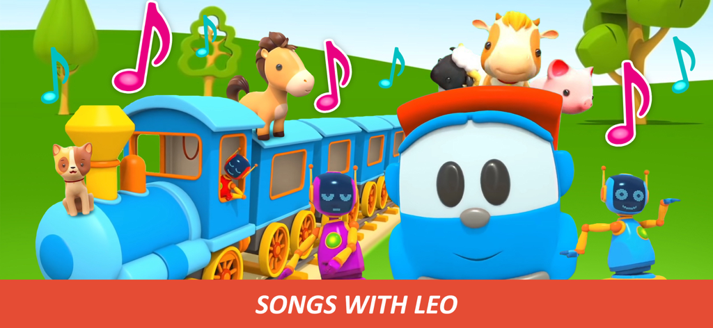 Leo el Camión y amigos animales en un tren azul colorido con notas musicales