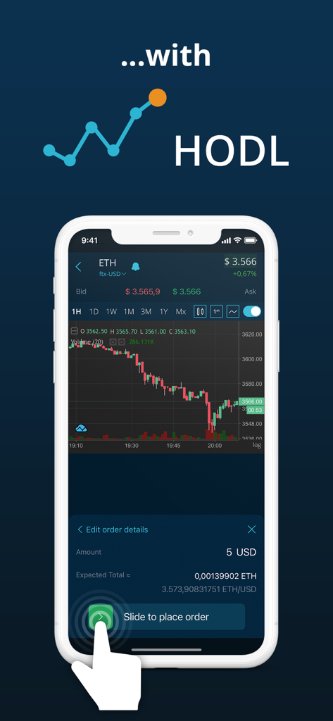 HODL Real-Time Crypto Tracker - HODL app screenshot displaying an Ethereum price chart and a slide to place order button