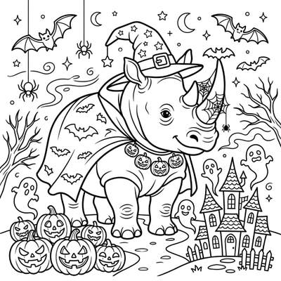 Prepare for a roaring good time this Halloween with our unique rhinoceros coloring page! This friendly rhino is ready for some trick-or-treating in its magical wizard costume amidst a spooky scene.