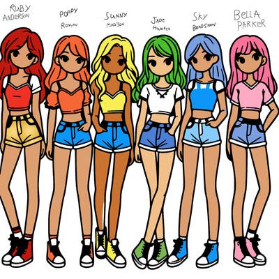a group of girls wearing crop tops and shorts