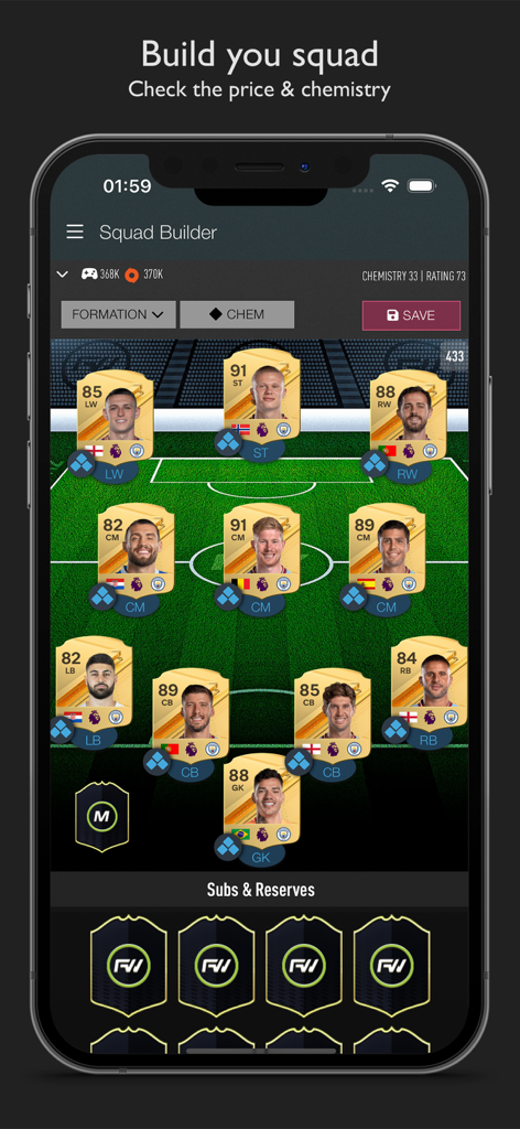FC 26 FUTWIZ - FC 26 FUTWIZ app squad builder screen showing player cards and chemistry rating