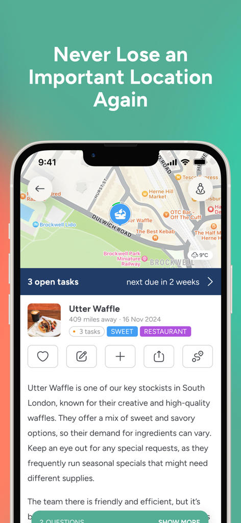 Pin Drop - Places That Matter - Pin Drop app interface displaying detailed information for a saved restaurant location on a map