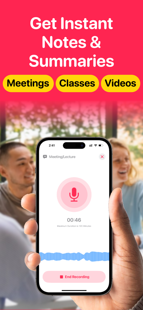 Voice Notes AI Notetaker ZIVO - Una pantalla de smartphone que muestra la aplicación ZIVO grabando una reunión con una forma de onda de audio activa y un límite de 120 minutos.