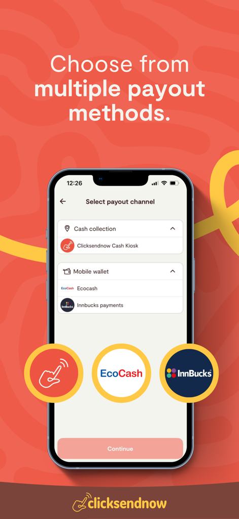 ClickSendNow - ClickSendNow app screen showing different payout methods like cash collection and mobile wallets