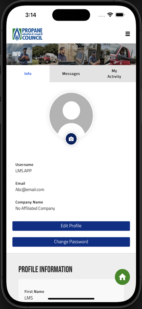 User profile information screen in the PERC propane training app displaying account details and settings.