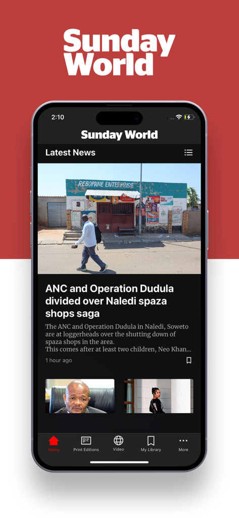 Sunday World e-Edition - Sunday World e-Editionアプリの最新南アフリカニュース記事を表示するスマートフォンの画面。