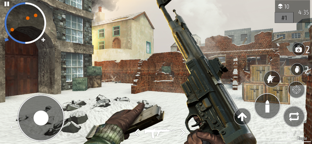 World War 2 - Shooter - First person shooter gameplay featuring a historical rifle in a snowy World War 2 town ruins.