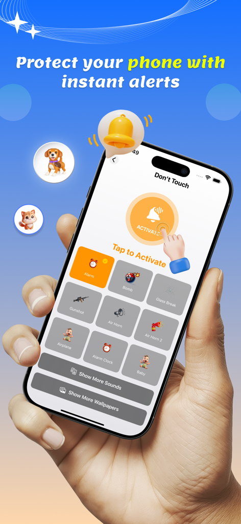 Anti theft : Don't touch phone - iPhone screen showing the activation button for an anti-theft alarm app with various sound options