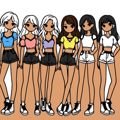 a group of girls wearing crop tops and shorts