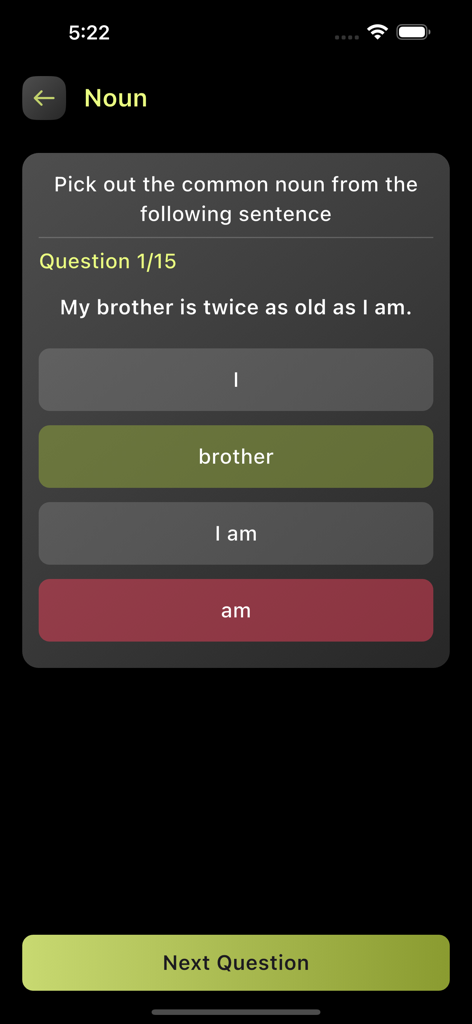 English Grammar Book - A multiple choice grammar quiz screen from the English Grammar Book app focusing on identifying nouns.