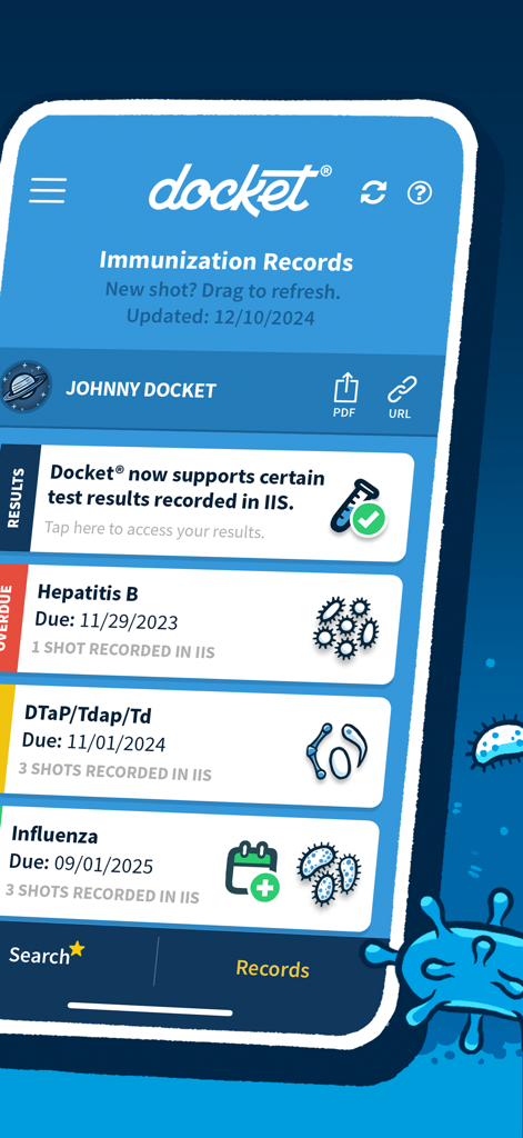 Docket® - Immunization Records - A mobile screen from the Docket app showing official immunization records and upcoming vaccine shots.