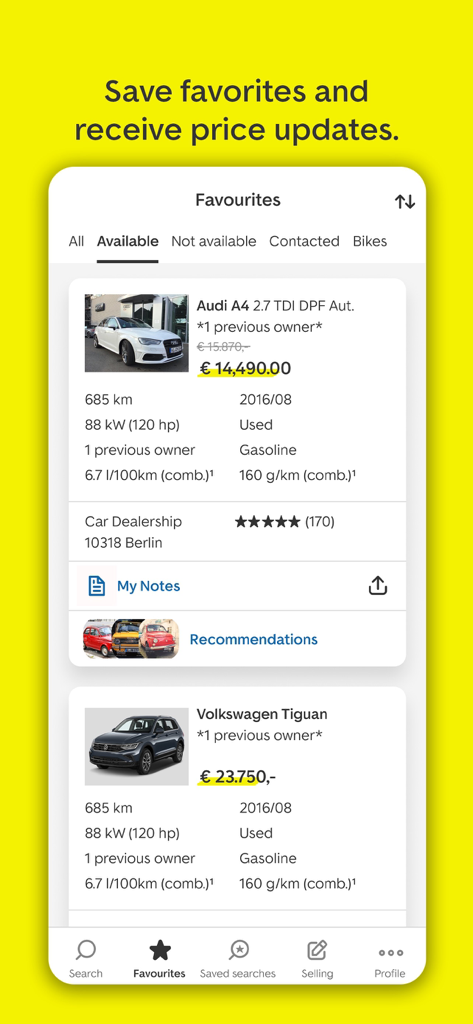 Pantalla de Favoritos de la aplicación AutoScout24 con anuncios de coches guardados y actualizaciones de precios.