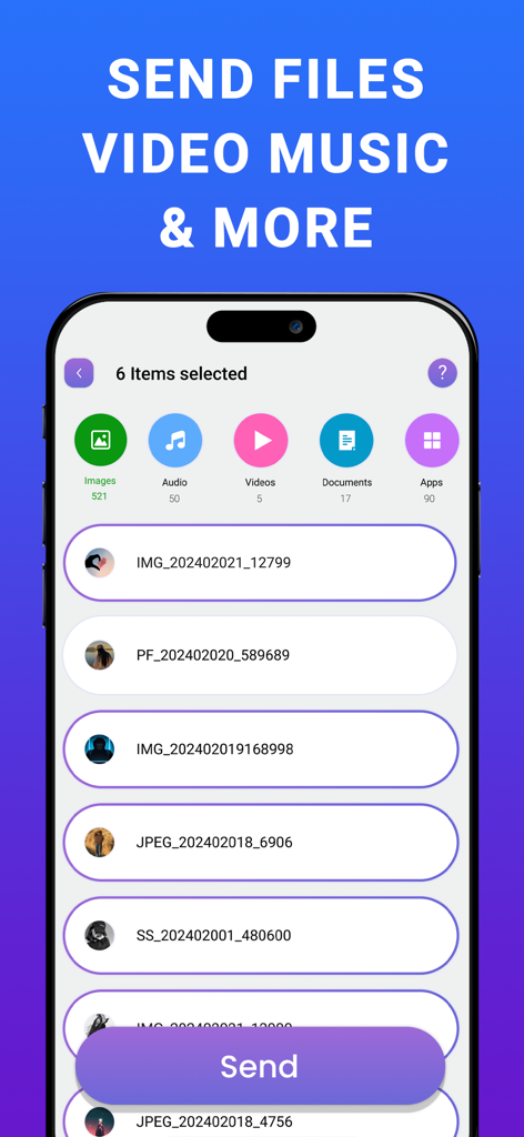 Smart Switch: Copy my data - 전송할 이미지와 미디어가 준비된 상태로 Smart Switch 앱의 파일 선택 인터페이스를 보여주는 모바일 화면