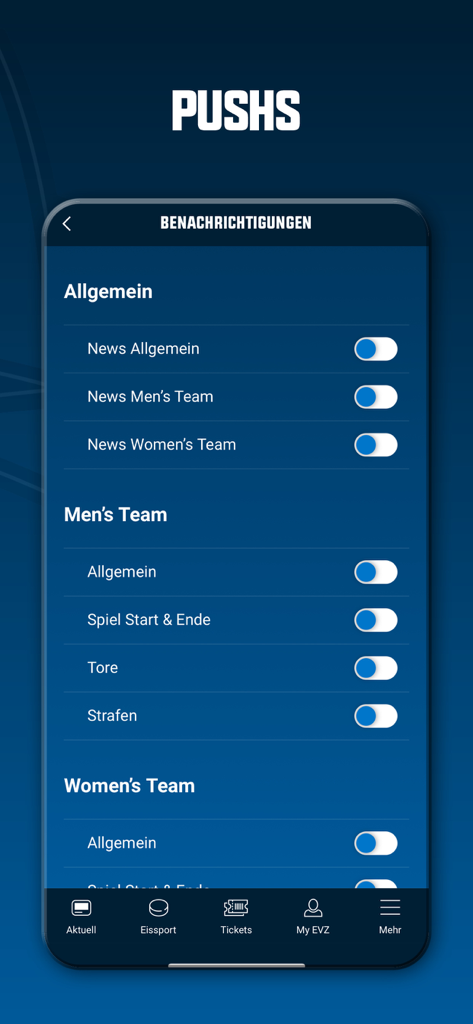 EVZ - A mobile screenshot of the EVZ app showing push notification settings for team news and match alerts.
