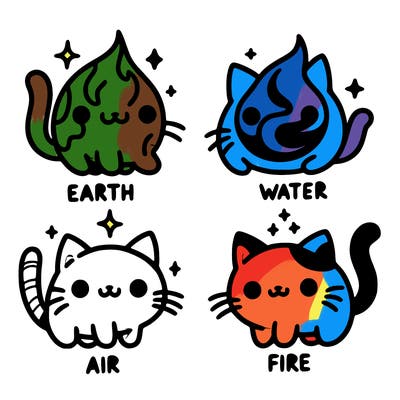 4 cats that represent the different elements, earth, water, air, and fire