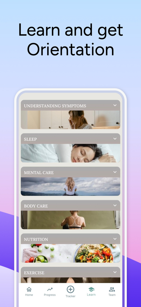 Learning section of the Fibromyalgia Journey app showing educational categories for symptoms, sleep, mental care, body care, nutrition, and exercise.
