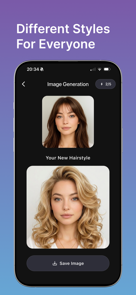 HairLabs mobile app showing two different AI generated hairstyles for the same user