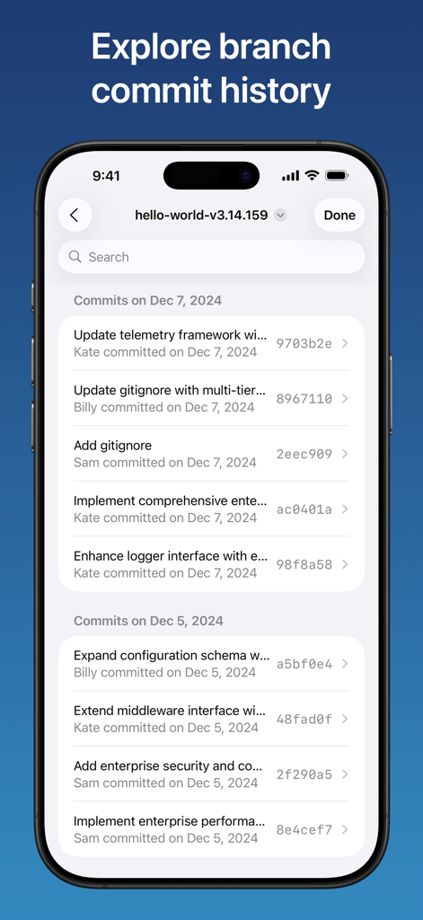 Combine - Code Editor & Git - Git branch commit history interface in the Combine app