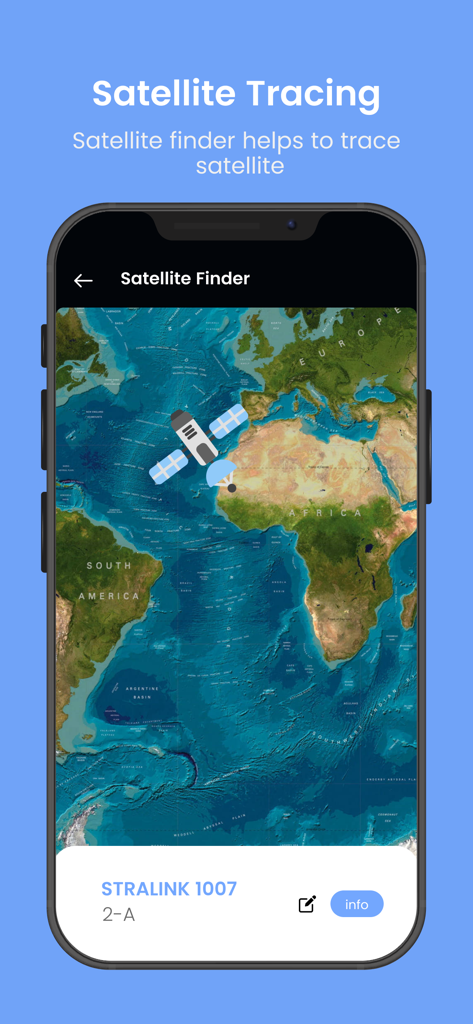Starlink ISS Satellite Tracker - Interfaccia dell'app Starlink ISS Satellite Tracker che visualizza una mappa con un'icona di satellite che traccia il suo percorso sull'Africa