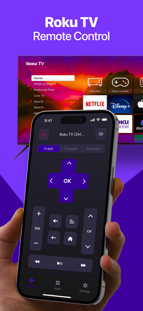 A hand holding an iPhone displaying a Roku TV remote interface with a D-pad and volume controls in front of a television