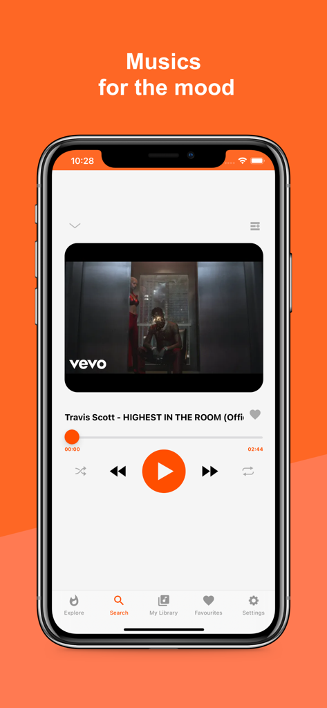 Interface du lecteur de musique de l'application Musicamp jouant la chanson de Travis Scott Highest in the Room sur iPhone