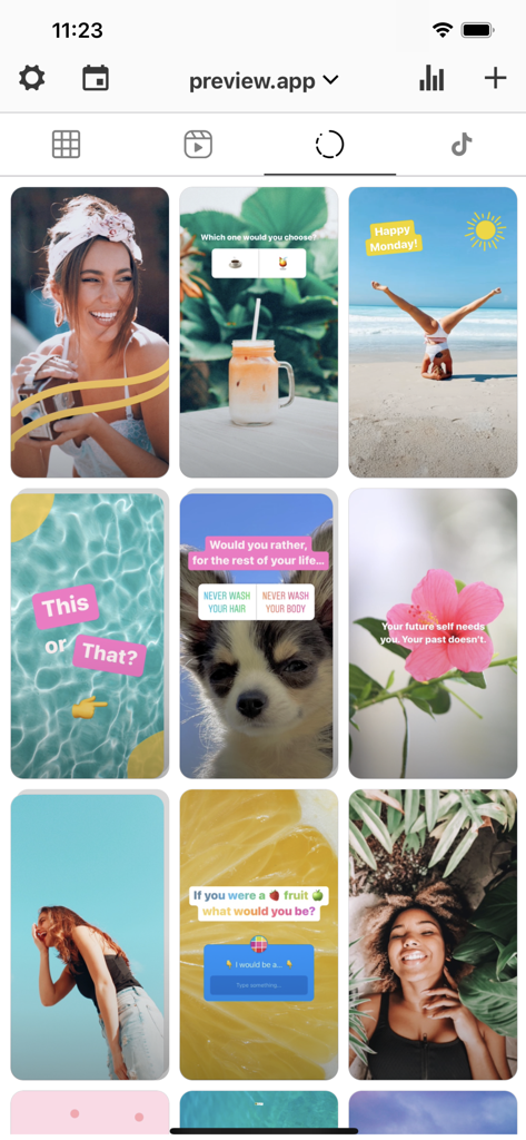 A visual grid of planned Instagram Stories with lifestyle images and engagement stickers in the Preview app interface