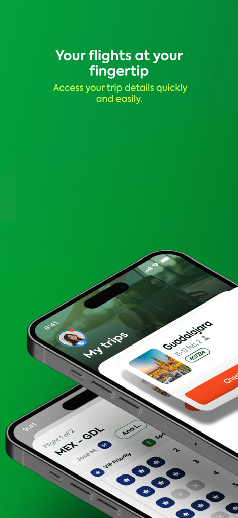 Viva Aerobus: Fly! - Pantallas de la app Viva Aerobus mostrando detalles del vuelo y selección de asientos