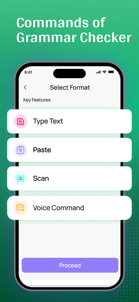 Interfaz que muestra opciones para escribir texto, pegar, escanear o usar comandos de voz para la corrección gramatical.