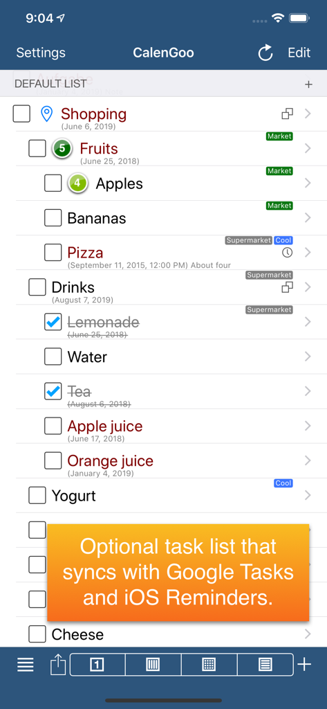 CalenGoo Calendar - CalenGoo app screenshot showing a shopping task list with Google Tasks and iOS Reminders sync notification