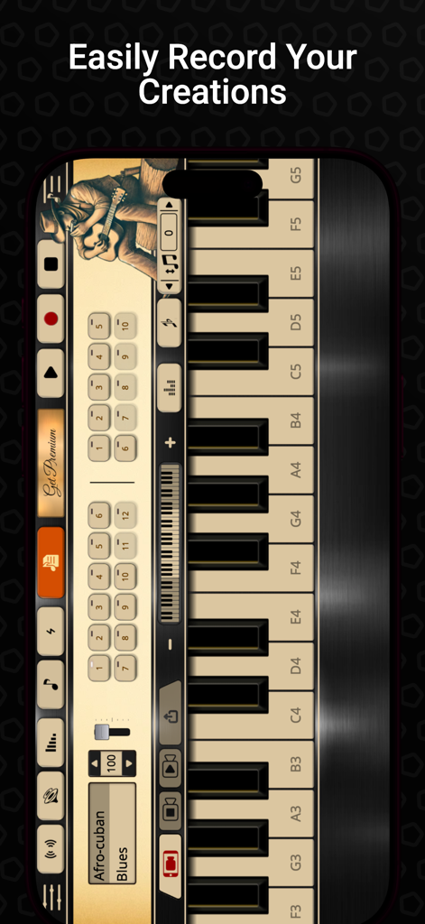 Harmonica Sim - A screenshot of the Harmonica Sim app showing the recording interface and digital musical keyboard for creating songs.