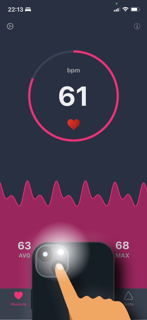 AccuRate app interface showing a heart rate of 61 BPM and a finger placed on the phone camera for measurement